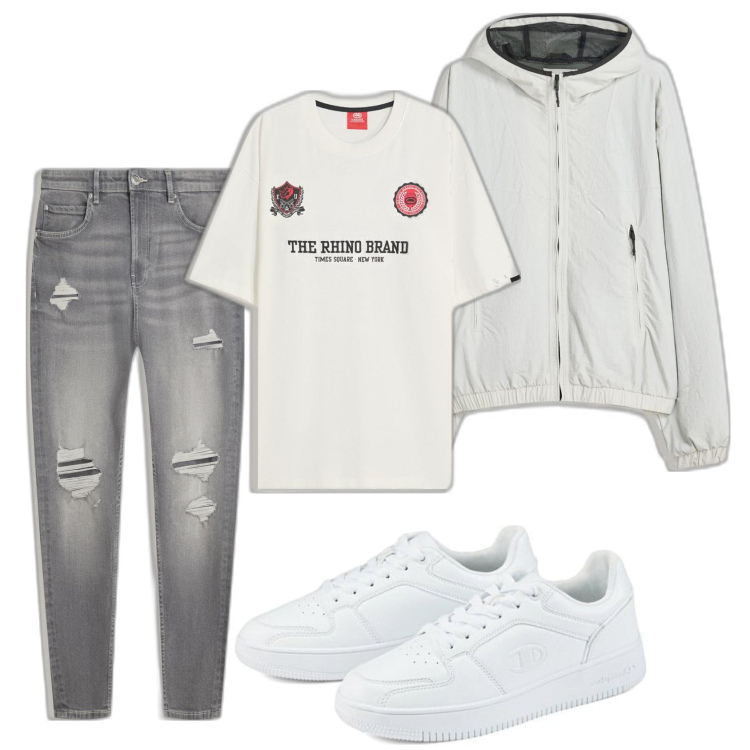 Outfit hombre - Urban style. Estilo Urban para Todos los días. Combinación con chaquetas, vaqueros rotos, camiseta, sneakers.