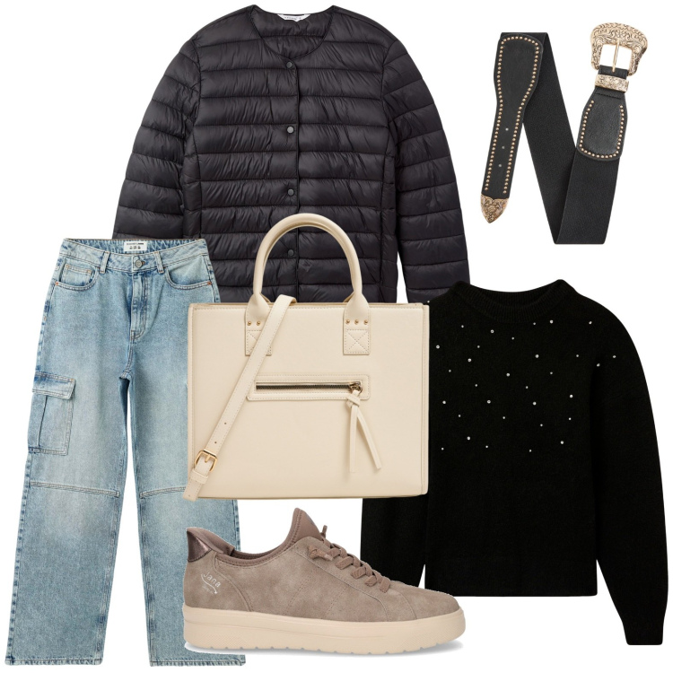 Outfit donna - Terranova - MID SEASON SALE. Stile Casual per Tutti i giorni. Abbinamento con maglieria, jeans, shopping bag, piumini, cinture, sneakers.