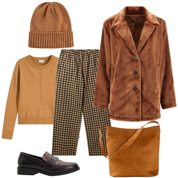 Outfit donna - Vado in ufficio. Stile Casual chic per Ufficio. Abbinamento con borse a mano, berretti, maglieria, mocassini, pantaloni, cappotti.