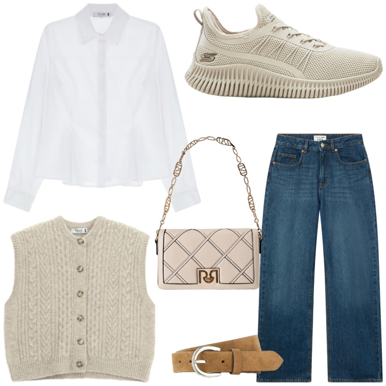 Outfit donna - Sporty chic. Stile Sporty chic per Tutti i giorni. Abbinamento con cinture, sneakers, jeans, gilet, camicie, borse a tracolla.