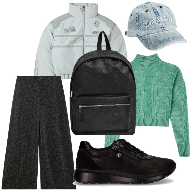 Outfit donna - Terranova - MID SEASON SALE. Stile Minimal per Scuola/Università. Abbinamento con maglieria, zaini, blazer, cappelli con visiera, pantaloni culotte, sneakers.