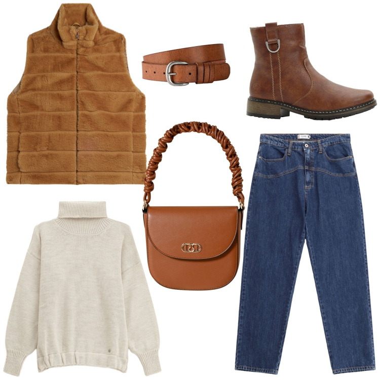 Outfit donna - Chic style. Stile Casual chic per Tutti i giorni. Abbinamento con stivaletti, cinture, jeans, maglieria, borse a mano, gilet.