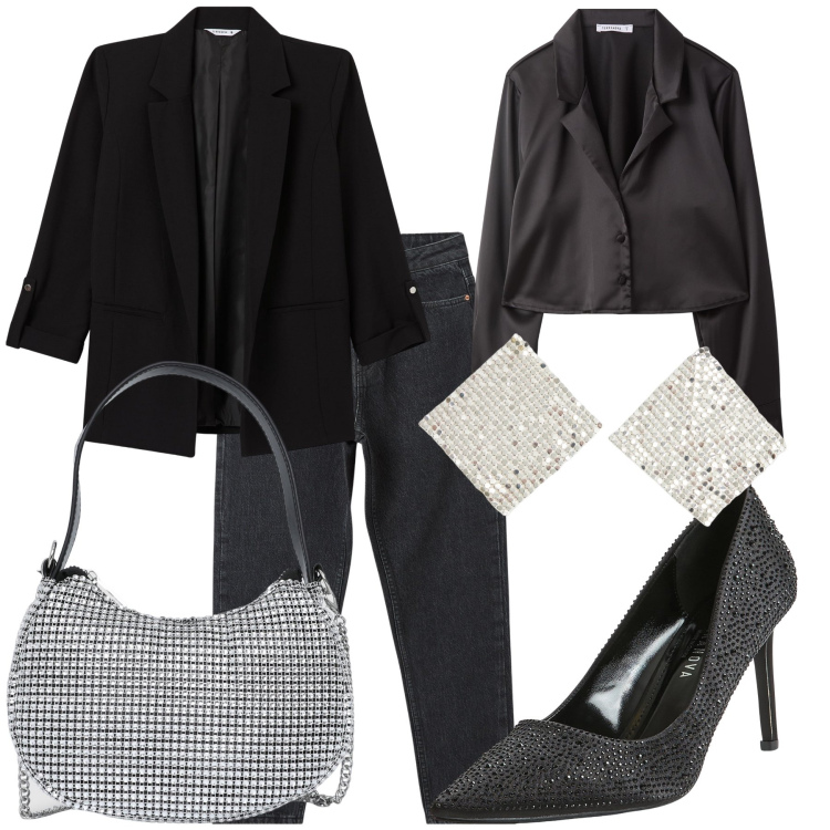 Outfit donna - Brillante Terranova. Stile Glamour per Serata fuori. Abbinamento con orecchini, blazer, décolleté, jeans mom, borse a spalla, camicie.