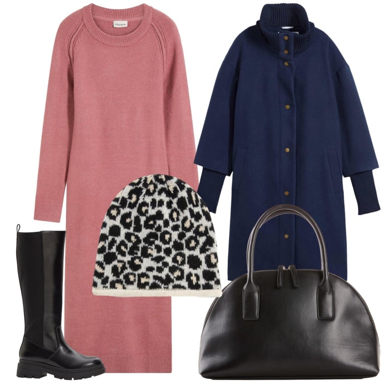 Outfit donna - Bonprix look. Stile Urban per Ufficio. Abbinamento con vestiti, cappotti, berretti, shopping bag, stivali.