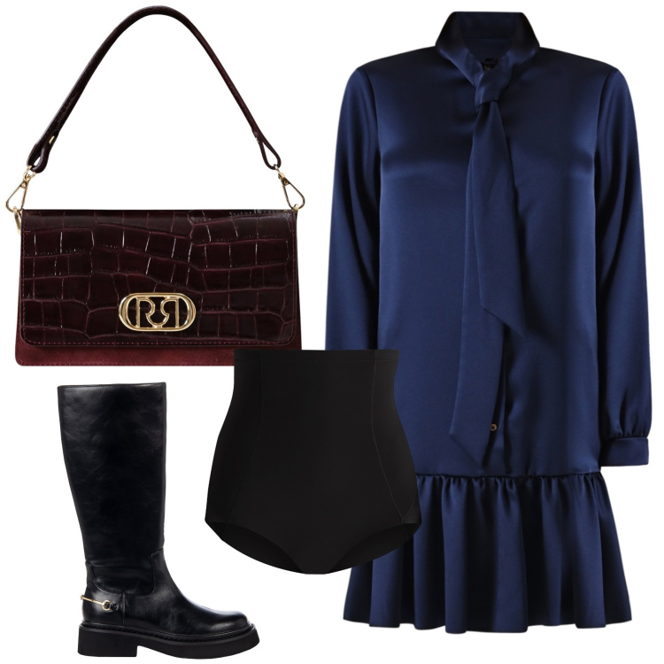 Outfit donna - Blu Rinascimento. Stile Chic per Ufficio. Abbinamento con culotte, vestiti chemisier, borse a mano, stivali sopra il ginocchio.