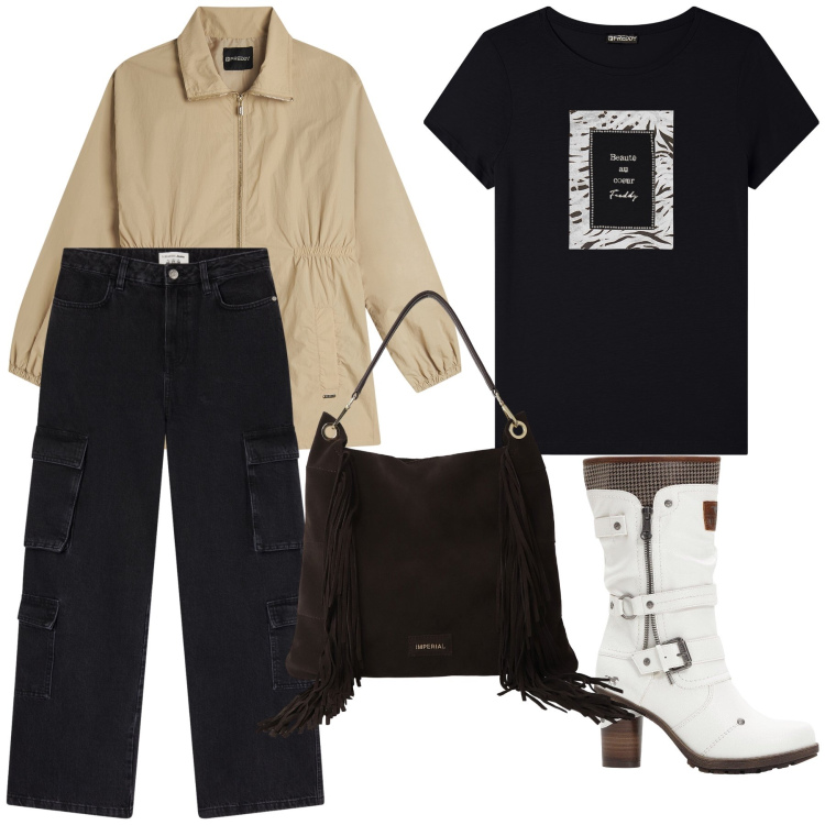 Outfit donna - Pronta per la pioggia. Stile Urban per Tutti i giorni. Abbinamento con stivali, jeans, borse a spalla, parka, t-shirt.