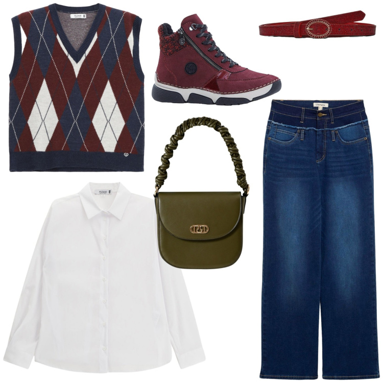 Outfit donna - Weekend rilassante. Stile Casual per Tutti i giorni. Abbinamento con jeans dritti, stivaletti, cinture, gilet, camicie, borse a mano.