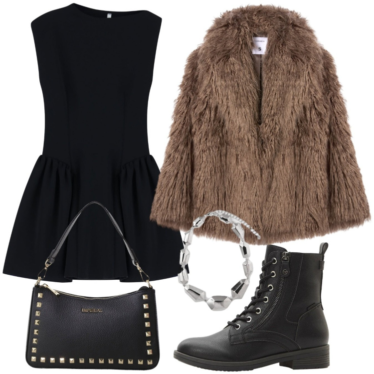 Outfit donna - Serata con amici. Stile Rock per Serata fuori. Abbinamento con stivaletti, ecopellicce, vestiti corti, pochette, ciondoli.