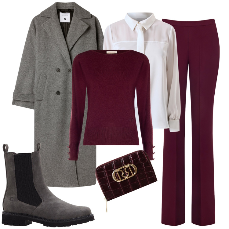 Outfit donna - In ufficio con stile. Stile Casual chic per Ufficio. Abbinamento con stivaletti chelsea, cappotti, pantaloni, maglieria, camicie, portafogli.