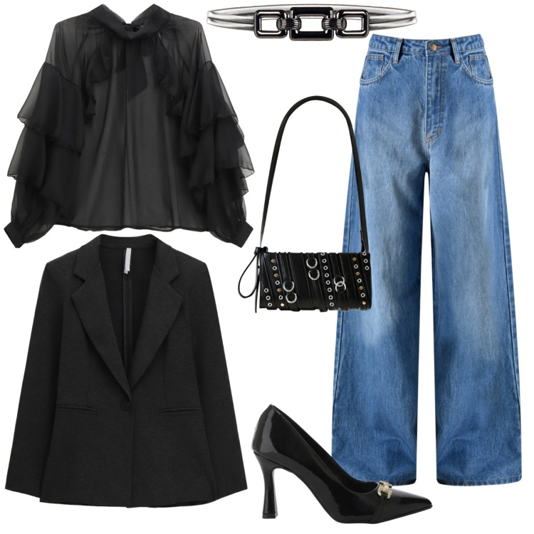 Outfit donna - Serata tra amici. Stile Urban per Serata fuori. Abbinamento con borse a spalla, jeans, cinture, bluse, décolleté, blazer.
