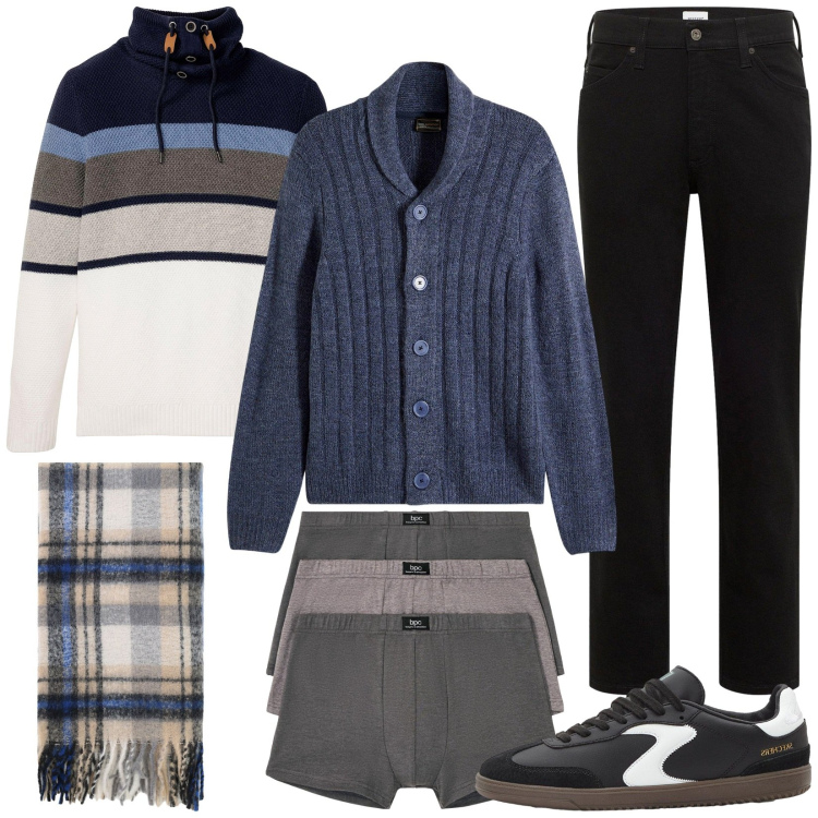Outfit uomo - Total look #2267318. Stile Urban per Tutti i giorni. Abbinamento con maglieria, boxer, cardigans, sneakers, jeans dritti, sciarpe.