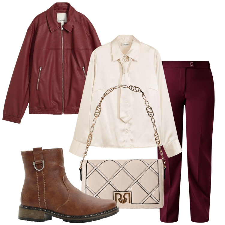 Outfit donna - Sfumature wine. Stile Casual per Scuola/Università. Abbinamento con camicie, blazer, stivaletti, borse a tracolla, pantaloni.