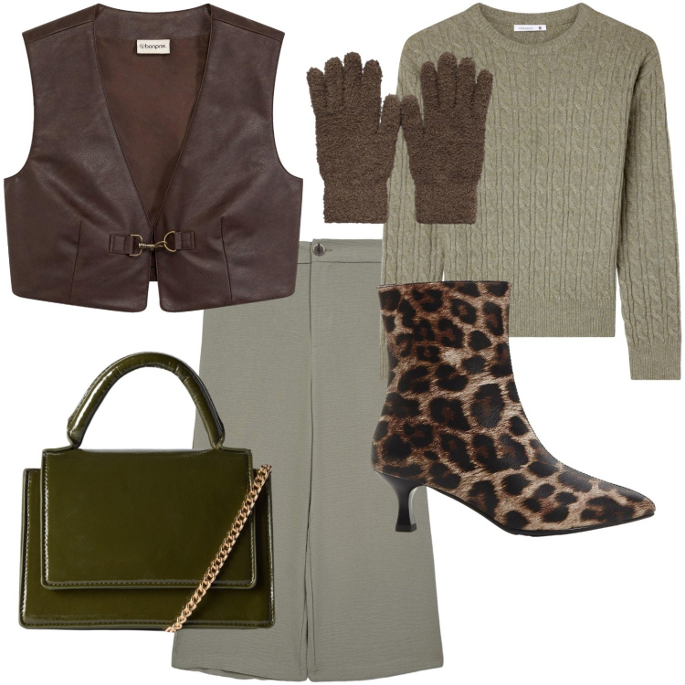 Outfit donna - Il verde profondo. Stile Military per Scuola/Università. Abbinamento con stivaletti, gilet, pantaloni a palazzo, borse a tracolla, maglieria, guanti.