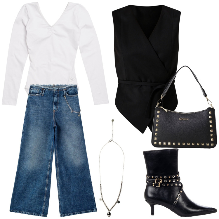 Outfit donna - In ufficio con grinta. Stile Casual chic per Ufficio. Abbinamento con jeans dritti, stivaletti, gilet, pochette, body, ciondoli.