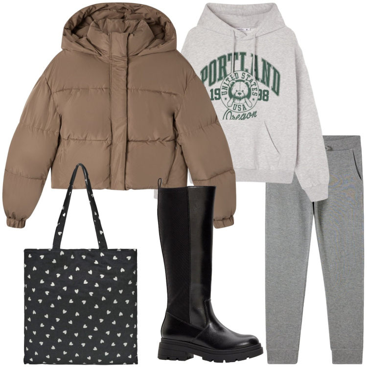 Outfit donna - La giusta combinazione. Stile Casual per Tutti i giorni. Abbinamento con stivali, borse tote, felpe con cappuccio, bomber, pantaloni.