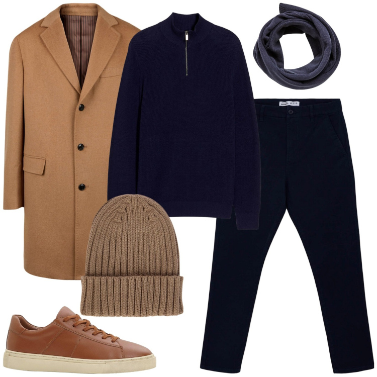 Outfit uomo - Pantaloni chino skinny Blu navy. Stile Trendy per Ufficio. Abbinamento con maglieria, sneakers, sciarpe, pantaloni chino, berretti, cappotti.