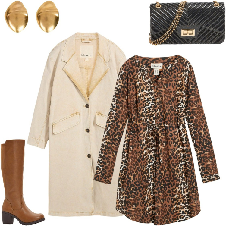 Outfit donna - Abito midi animalier. Stile Glamour per Serata fuori. Abbinamento con stivali, trench, vestiti, borse a tracolla, orecchini.