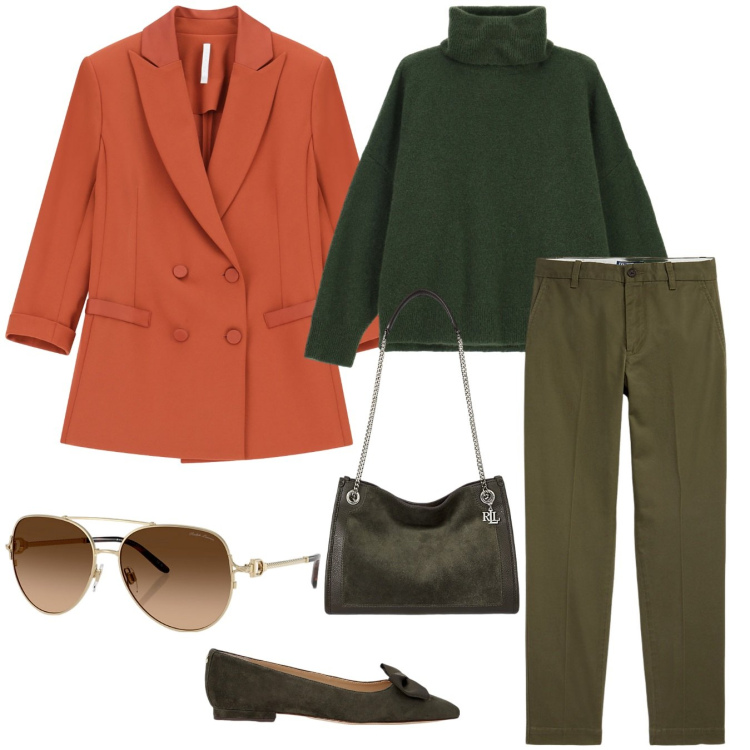 Outfit donna - Curvy e autunno. Stile Chic per Ufficio. Abbinamento con blazer, maglieria, ballerine, pantaloni chino, occhiali da sole, borse tote.