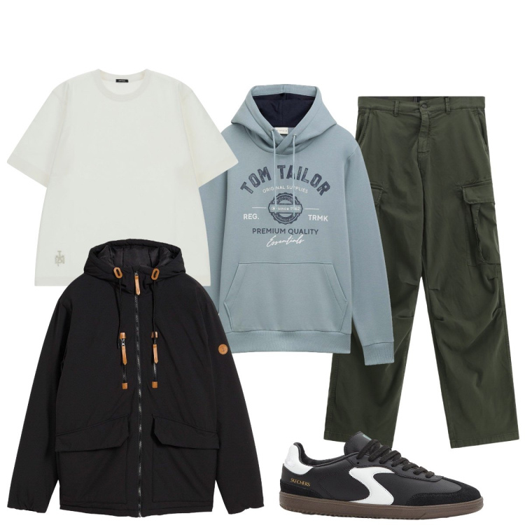 Outfit uomo - Con i pantaloni cargo. Stile Casual per Tutti i giorni. Abbinamento con sneakers, felpe con cappuccio, piumini, t-shirt, pantaloni cargo.
