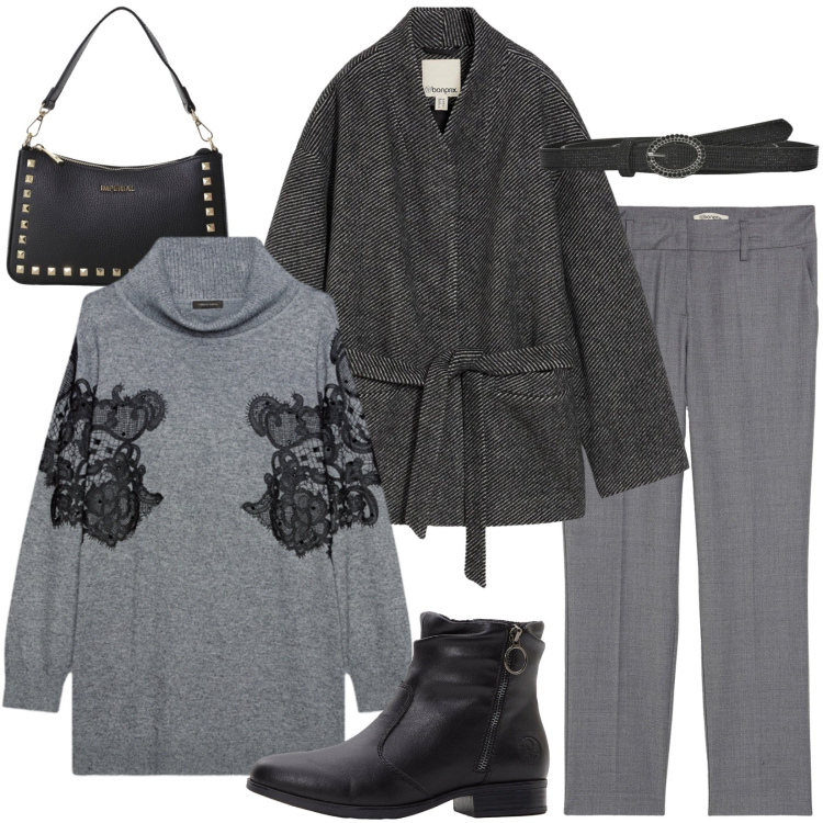 Outfit donna - Giacca stilosa in lana. Stile Casual per Ufficio. Abbinamento con stivaletti, pantaloni, blazer, cinture, pochette, maglieria.