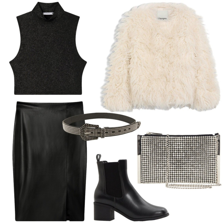 Outfit donna - Accessori scintillanti. Stile Glamour per Serata fuori. Abbinamento con ecopellicce, stivaletti, gonne longuette, cinture, top, pochette.