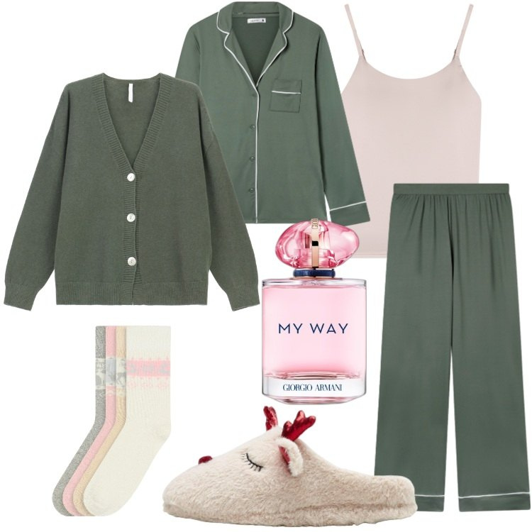 Outfit donna - Homewear rilassante. Stile Romantica per Tutti i giorni. Abbinamento con pantofole, calzini, profumi, pigiama, magliette intime, cardigans.