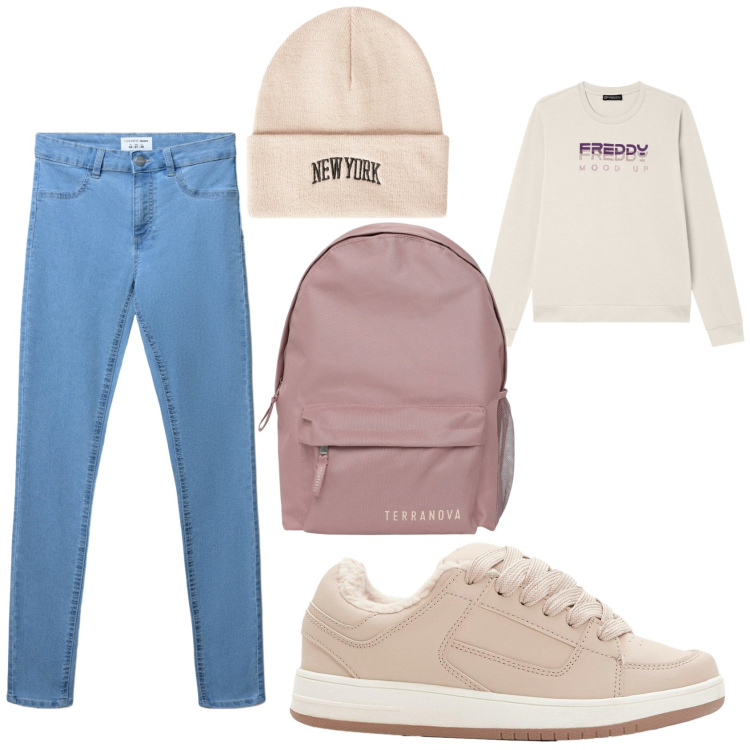 Outfit donna - Tra la natura. Stile Basic per Sport. Abbinamento con sneakers, zaini, jeggings, berretti, felpe.