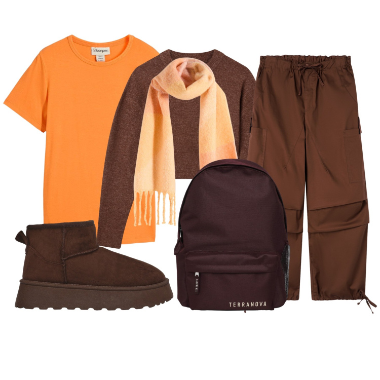 Outfit donna - Energia autunnale. Stile Casual per Tutti i giorni. Abbinamento con t-shirt, sciarpe, pantaloni cargo, zaini, maglieria, stivaletti.