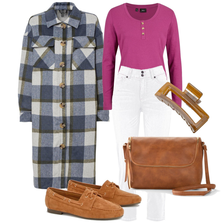 Outfit femme - Octobre. Style Casual chic pour Tous les jours. Assortir avec t-shirts, jean slim, sacs en bandoulière, manteaux, mocassins, accessoires pour cheveux.