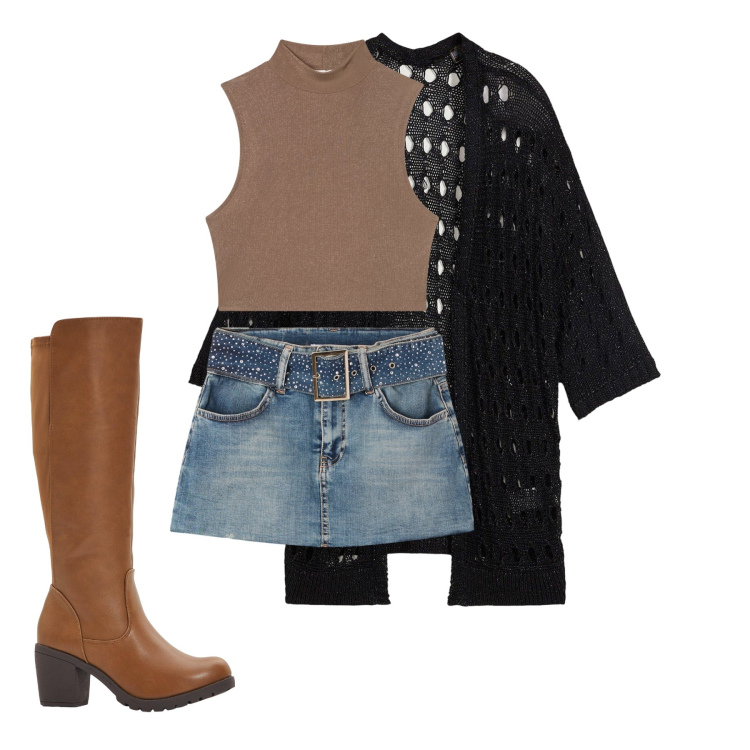 Outfit donna - pomeriggio primaverile. Stile Casual per Tutti i giorni. Abbinamento con stivali, cardigans, top, minigonne.
