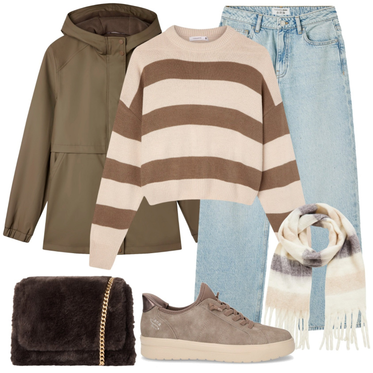 Outfit donna - Cozy Style by Terranova. Stile Casual per Tutti i giorni. Abbinamento con sciarpe, maglieria, borse a tracolla, blazer, jeans, sneakers.