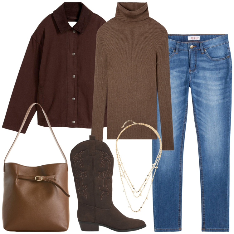 Outfit donna - Foliage. Stile Casual per Tutti i giorni. Abbinamento con jeans skinny, blazer, collane, borse a mano, maglieria, stivaletti texani.