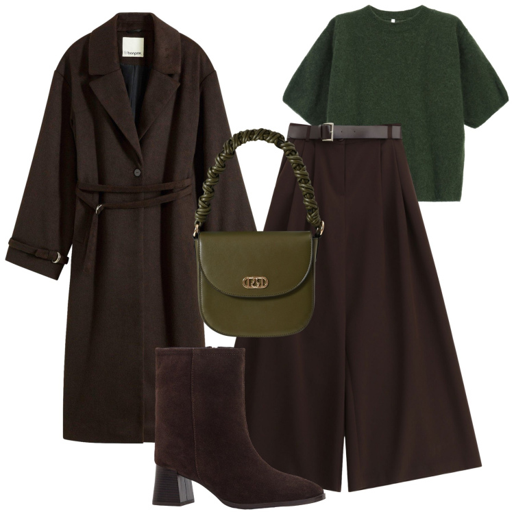 Outfit donna - 1000 occasioni in autunno. Stile Glamour per Tutti i giorni. Abbinamento con stivaletti, cappotti, borse a mano, pantaloni a palazzo, maglieria.