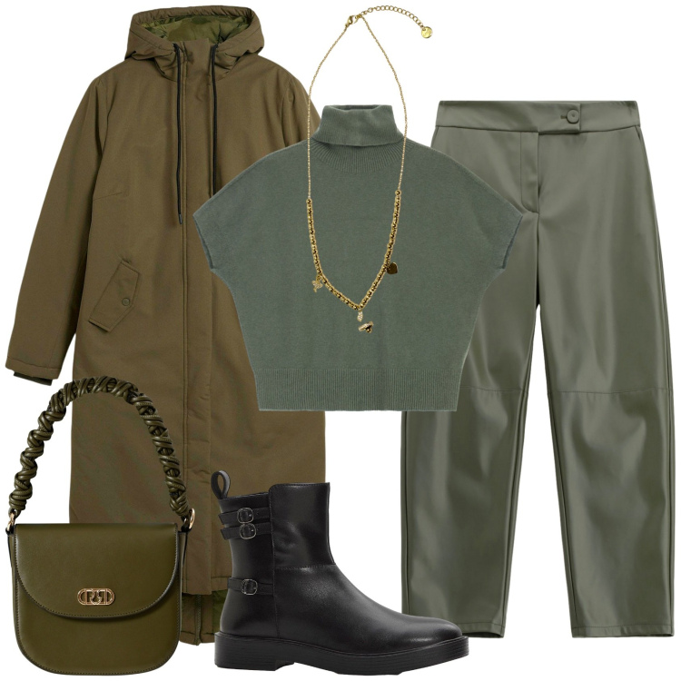 Outfit donna - Casual-chic tea le foglie. Stile Casual chic per Tutti i giorni. Abbinamento con blazer, stivaletti, borse a mano, maglieria, pantaloni, ciondoli.