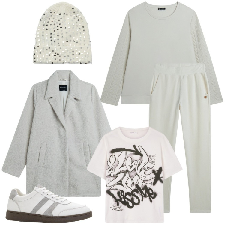 Outfit donna - Color ghiaccio per il tempo libero. Stile Sporty chic per Tutti i giorni. Abbinamento con sneakers, t-shirt, berretti, cappotti, felpe, pantaloni.