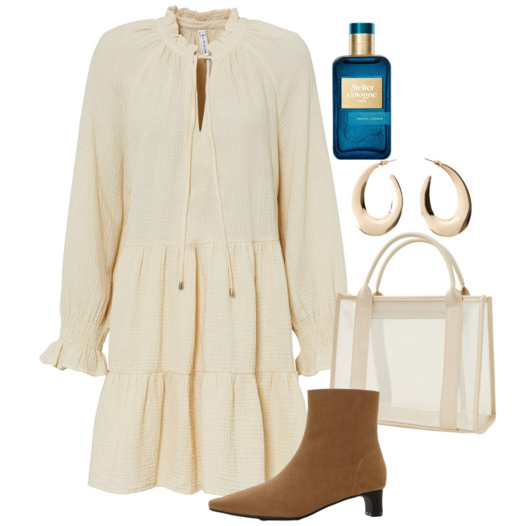 Outfit donna - Avorio in ottobre. Stile Romantica per Tutti i giorni. Abbinamento con vestiti, stivaletti, orecchini, profumi, borse tote.