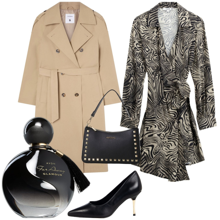 Outfit donna - Total look #2267356. Stile Bon Ton per Serata fuori. Abbinamento con profumi, trench, vestiti corti, décolleté, pochette.