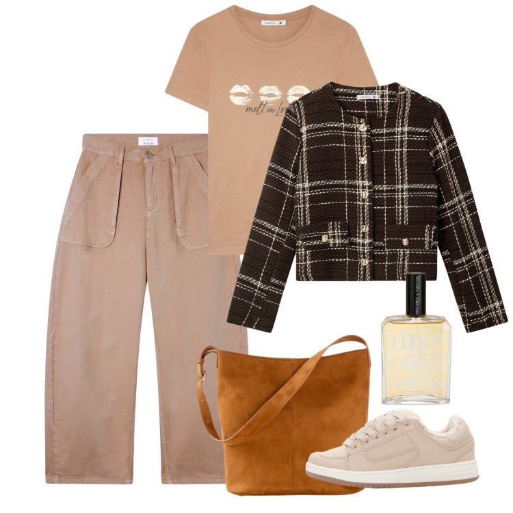 Outfit donna - Nocciola e chanel mood. Stile Trendy per Tutti i giorni. Abbinamento con borse a mano, sneakers, profumi, blazer, t-shirt, pantaloni.