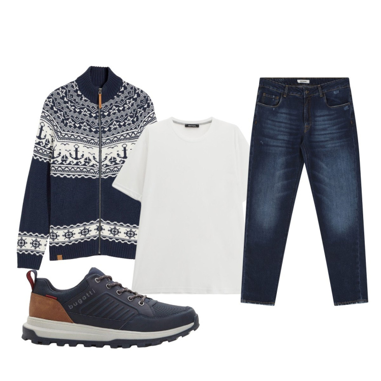 Outfit uomo - Serata con gli amici. Stile Casual per Serata speciale. Abbinamento con cardigans, sneakers, jeans dritti, t-shirt.