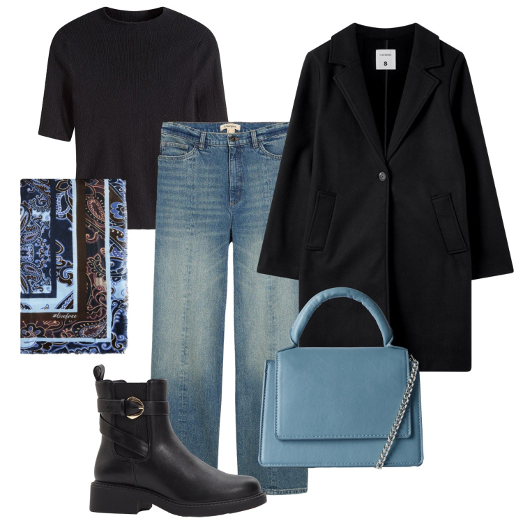 Outfit donna - Il cappotto passpartout. Stile Urban per Tutti i giorni. Abbinamento con stivaletti chelsea, jeans dritti, maglieria, borse a tracolla, cappotti, foulard.