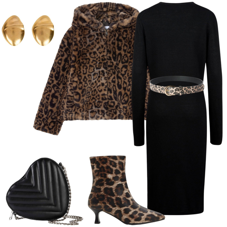 Outfit donna - Serata con amici chic!. Stile Chic per Serata fuori. Abbinamento con borse a tracolla, stivaletti, cinture, ecopellicce, vestiti midi/longuette, orecchini.
