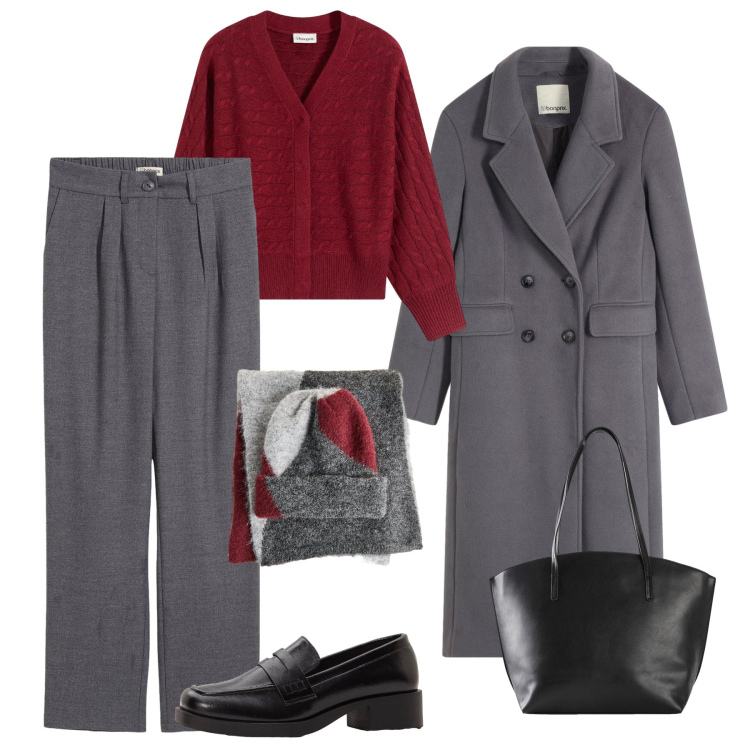 Outfit donna - Grigio e prugna in ufficio. Stile Glamour per Ufficio. Abbinamento con pantaloni, cardigans, cappotti, sciarpe, mocassini, shopping bag.