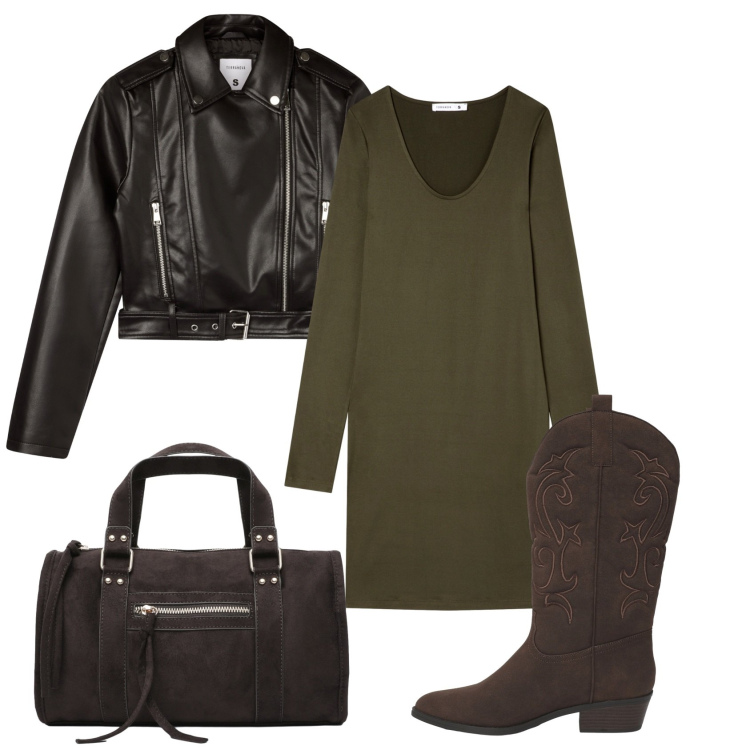 Outfit donna - Terranova- in autunno. Stile Rock per Ufficio. Abbinamento con borse a mano, giacche, vestiti, stivaletti texani.