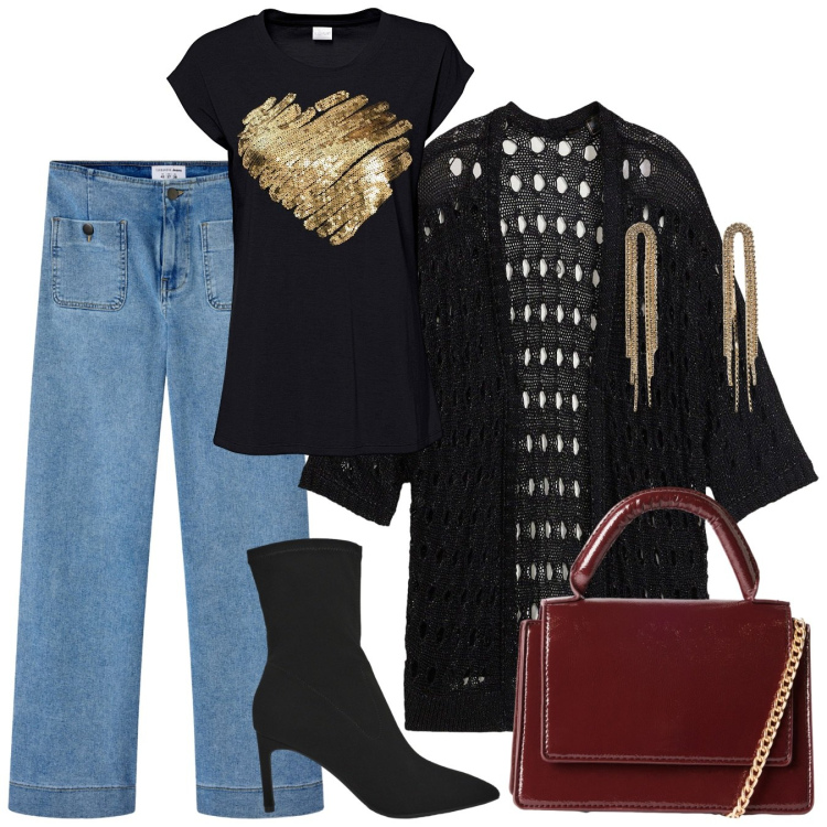 Outfit donna - Serata tra amiche - Focus Donna. Stile Casual chic per Serata fuori. Abbinamento con maglieria, cardigans, jeans, borse a tracolla, orecchini, stivali.