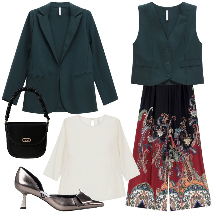 Outfit donna - Ottanio e fantasia da cerimonia. Stile Glamour per Cerimonia. Abbinamento con décolleté, borse a mano, pantaloni a palazzo, bluse, gilet, blazer.