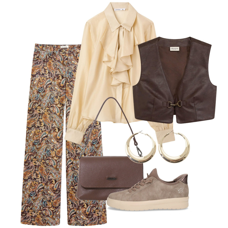 Outfit donna - Total look #2267374. Stile Chic per Serata fuori. Abbinamento con gilet, pantaloni, camicie, borse a tracolla, orecchini, sneakers.