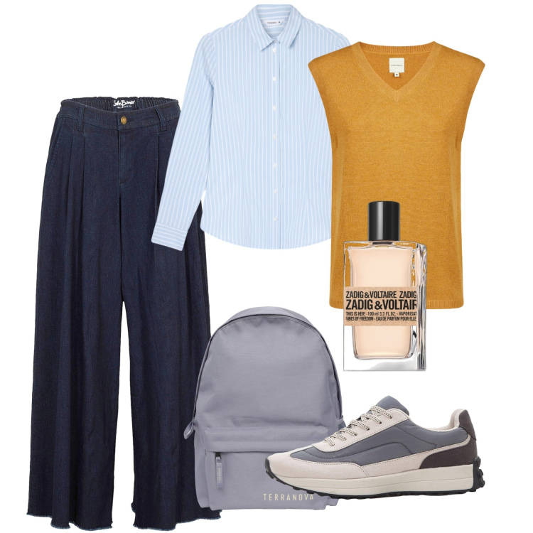 Outfit donna - Ottobre. Stile Bon Ton per Ufficio. Abbinamento con sneakers, gonne, profumi, zaini, camicie, maglieria.