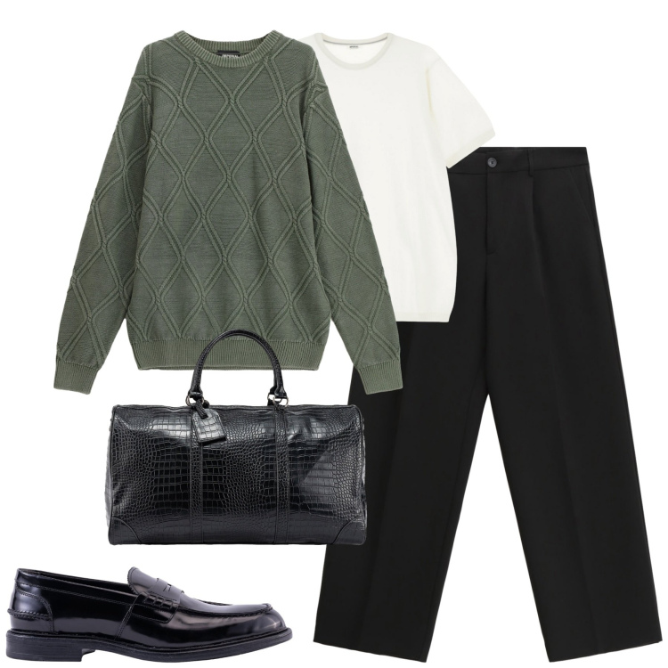 Outfit uomo - Il maglione a rombi. Stile Urban per Tutti i giorni. Abbinamento con t-shirt, pantaloni, maglieria, borse sportive, scarpe stringate.