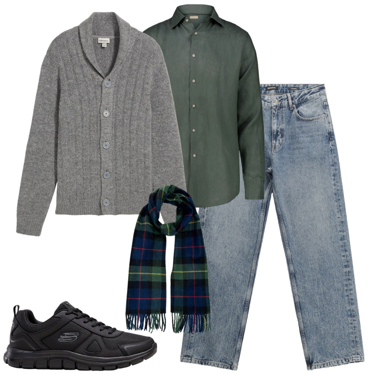 Outfit uomo - Total look #2267380. Stile Casual per Tutti i giorni. Abbinamento con cardigans, sneakers, jeans dritti, sciarpe, camicie.