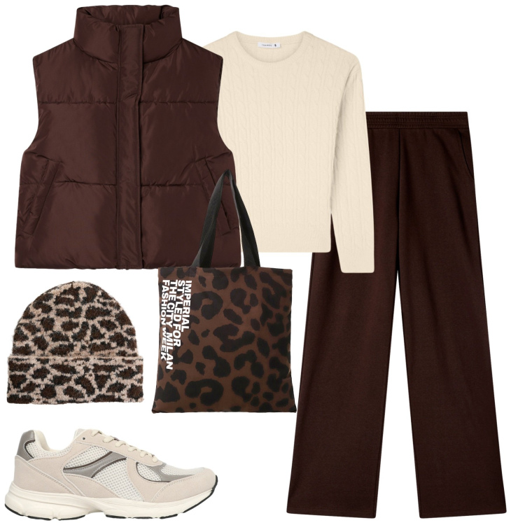 Outfit donna - Sporty. Stile Casual per Tutti i giorni. Abbinamento con berretti, sneakers, piumini, pantaloni, maglieria, shopping bag.
